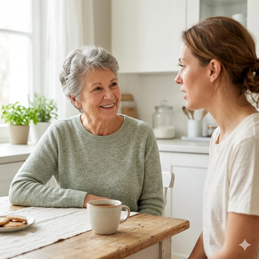 Seniorka w rozmowie z rodziną — wyraźny słuch